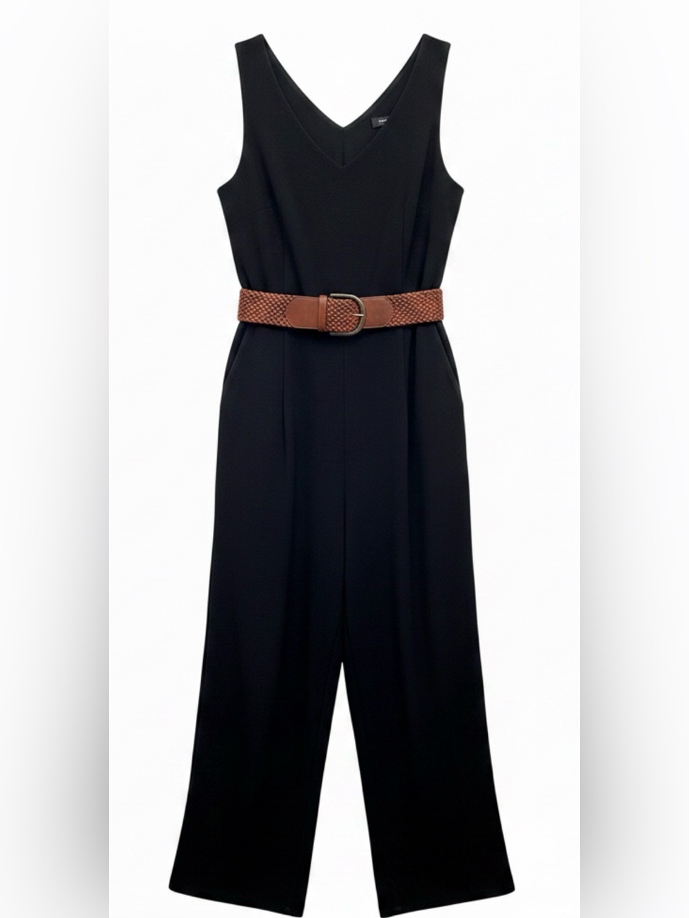 Olivia Rae Black Sleeveless V-Neck Jumpsuit with Brown Woven Belt